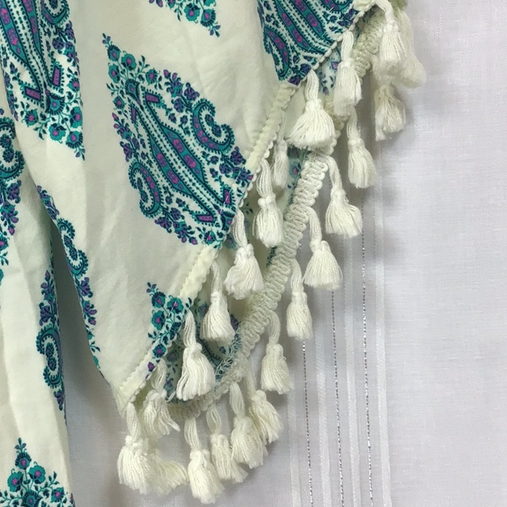 🦚 LOVE FIRE Smocked Off Shoulder Teal Cream Tassel Crochet Trim Dress Sz.M NWOT - Picture 10 of 11